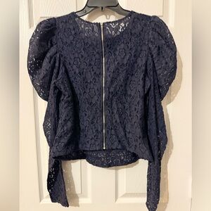 Easel Navy Lace Puff Sleeve Blouse